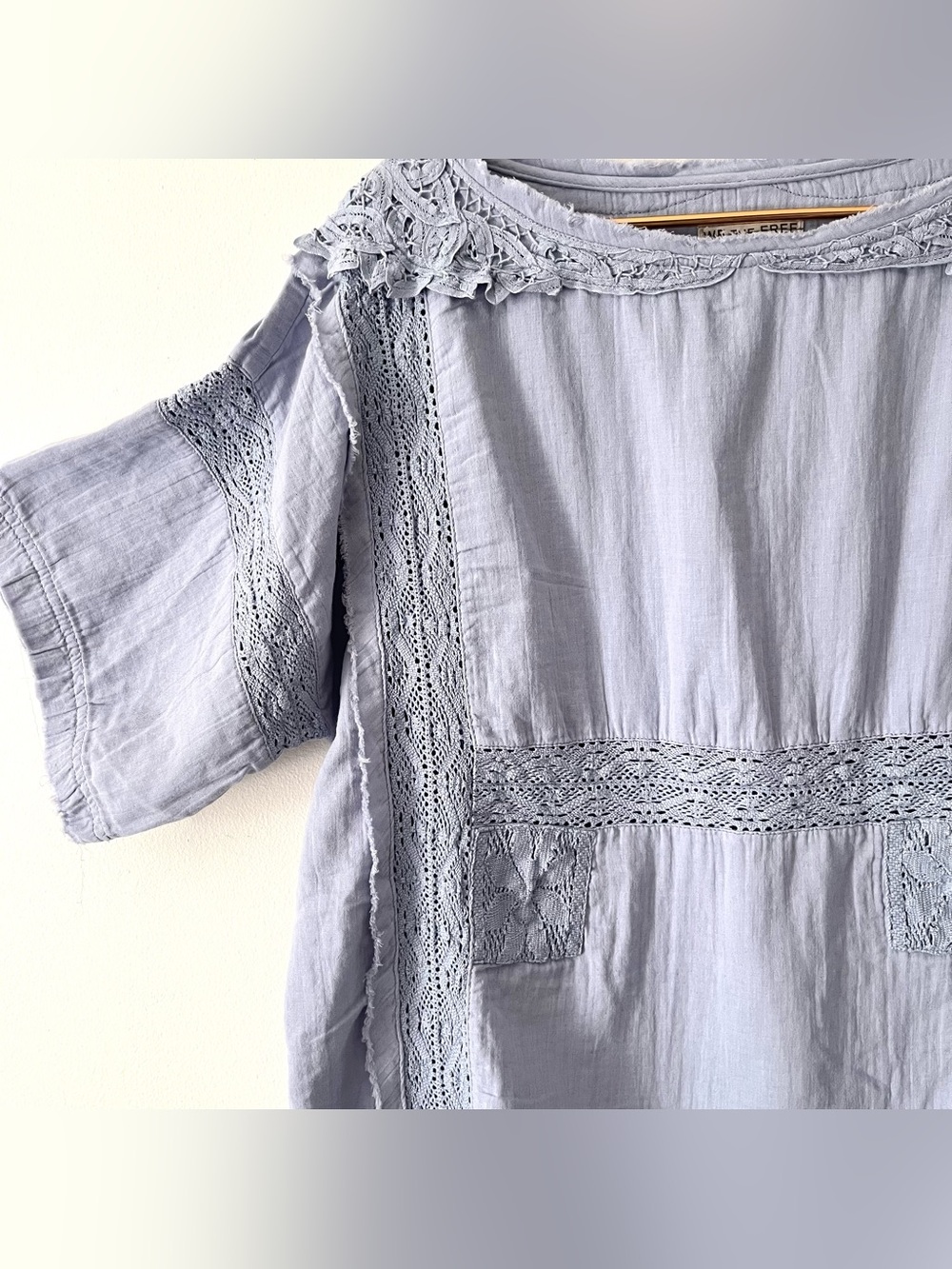 We the Free Rustic  Romance Boho Short Sleeve Lace Top in Dusty Blue Oversized M - Picture 6 of 15